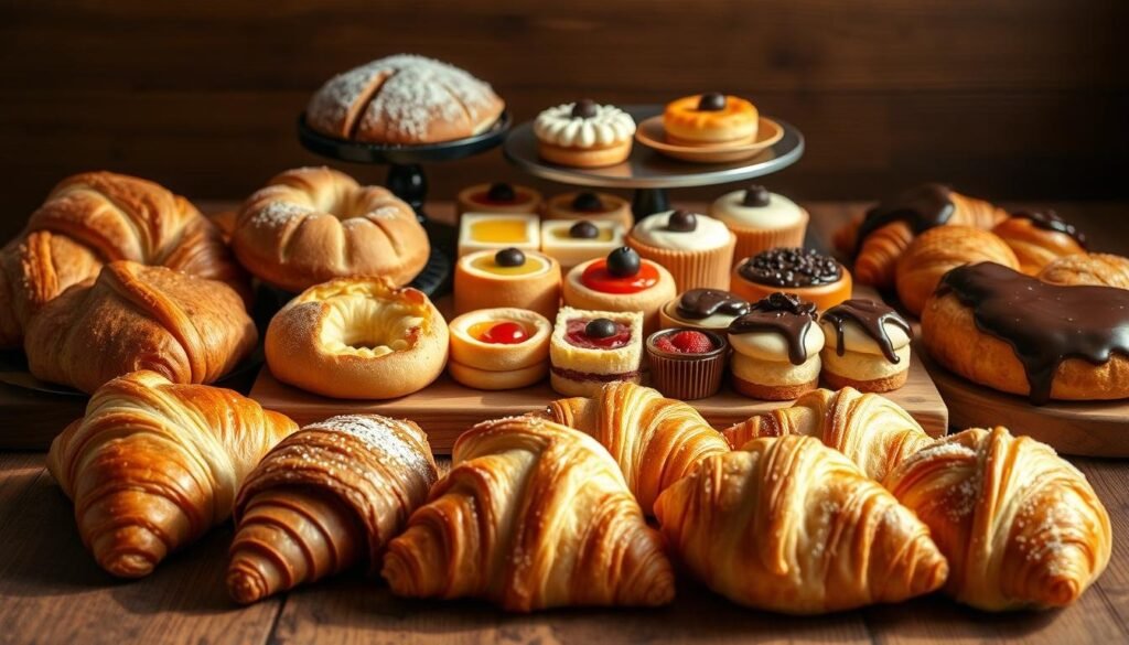 A mouth-watering display of sweet and savory pastry creations, artfully arranged on a rustic wooden table. In the foreground, flaky croissants, buttery brioche buns, and delicate pain au chocolat are nestled alongside savory cheese-filled pockets and fragrant herb-infused rolls. The middle ground features a tempting selection of fruit-filled tarts, delicate lemon bars, and indulgent chocolate-glazed éclairs. Soft, natural lighting casts a warm glow over the scene, emphasizing the rich colors and textures of the pastries. The overall mood is one of homemade elegance and irresistible culinary artistry. Pastry Recipes