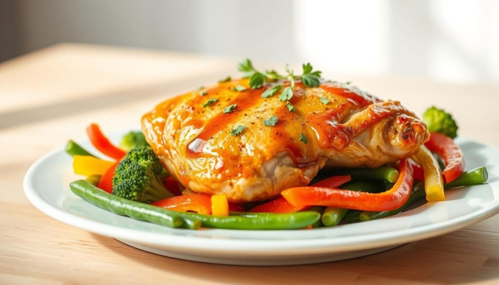 A mouth-watering healthy chicken meal set against a light-filled, airy backdrop. In the foreground, a juicy, golden-brown roasted chicken breast rests atop a bed of vibrant, steamed vegetables - tender broccoli florets, crisp green beans, and rainbow-colored bell pepper slices. The chicken is drizzled with a glistening, flavorful sauce, while a sprinkle of fresh herbs adds a touch of freshness. In the middle ground, a simple, minimalist white plate provides a clean canvas for the dish. The background features a soft, diffused light, creating a warm, inviting atmosphere that highlights the dish's nutritious and appetizing qualities.