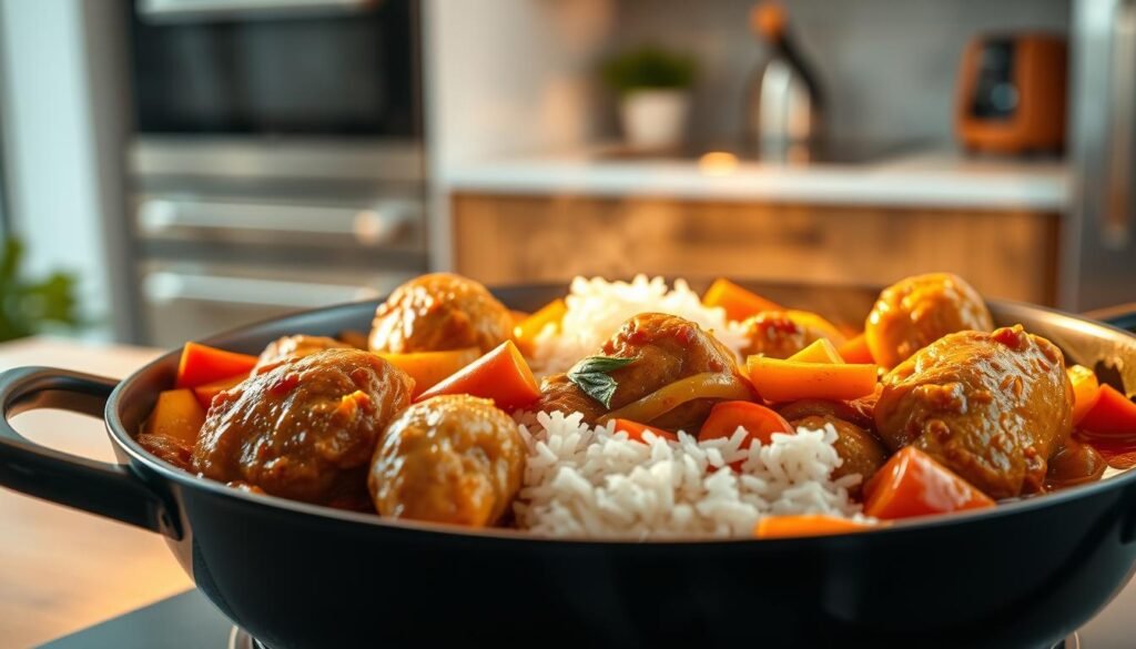 A mouth-watering one-pot chicken lunch, sizzling under warm, golden lighting. In the foreground, tender chicken thighs and drumsticks simmer in a rich, fragrant sauce, dotted with vibrant vegetables like carrots, bell peppers, and onions. The middle ground reveals fluffy, steaming white rice, ready to soak up the flavorful juices. In the background, a clean, minimalist kitchen setting, with sleek stainless steel appliances and a hint of natural wood accents, creating a contemporary yet cozy atmosphere. The scene evokes the idea of a quick, nourishing meal that can be easily prepared and enjoyed with minimal cleanup. The overall composition conveys a sense of effortless home-cooked elegance.