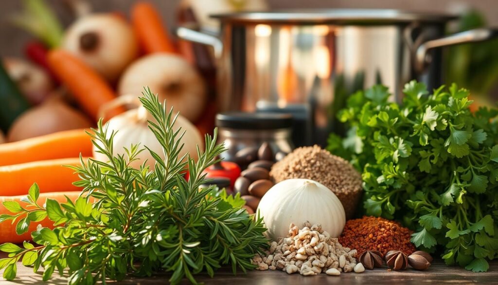 A neatly arranged assortment of essential soup ingredients, illuminated by warm, natural light. In the foreground, a selection of fresh herbs - fragrant thyme, earthy rosemary, and vibrant parsley - artfully displayed. Behind them, various aromatic vegetables such as onions, carrots, and celery, their textures and colors creating a visually appealing composition. In the middle ground, a variety of spices - bay leaves, peppercorns, and ground cumin - carefully placed, hinting at the depth of flavors to come. In the background, a stainless steel pot, signifying the vessel that will transform these humble ingredients into a simmering, nourishing soup. The overall scene conveys a sense of culinary preparation, inviting the viewer to imagine the satisfying, homemade meal that will result from these essential components.
