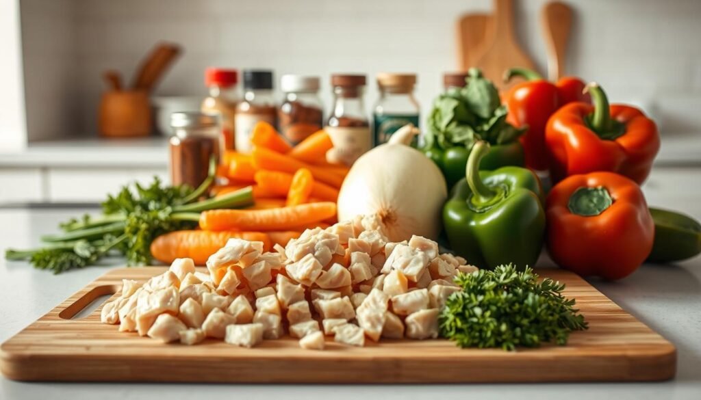 A neatly arranged still life capturing the essential ingredients for preparing a delicious chicken meal. In the foreground, a cutting board showcases freshly diced chicken breasts, tender and ready for seasoning. Surrounding them, an array of vibrant vegetables - carrots, bell peppers, and onions - await their turn to be chopped and added to the mix. In the middle ground, a collection of spices and herbs, their jars and bottles lined up with precision, exuding an aroma of savory potential. The background features a clean, minimalist kitchen counter, bathed in warm, natural lighting that accentuates the textures and colors of the ingredients, creating an inviting and organized composition. A neatly arranged still life capturing the essential ingredients for preparing a delicious chicken meal. In the foreground, a cutting board showcases freshly diced chicken breasts, tender and ready for seasoning. Surrounding them, an array of vibrant vegetables - carrots, bell peppers, and onions - await their turn to be chopped and added to the mix. In the middle ground, a collection of spices and herbs, their jars and bottles lined up with precision, exuding an aroma of savory potential. The background features a clean, minimalist kitchen counter, bathed in warm, natural lighting that accentuates the textures and colors of the ingredients, creating an inviting and organized composition.