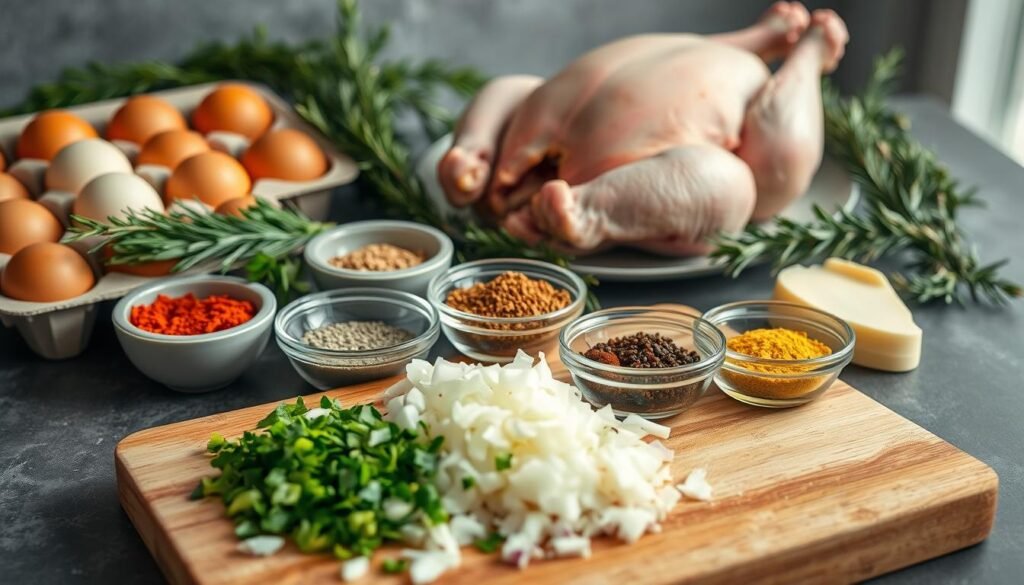 A neatly arranged still life of essential ingredients for chicken recipes, shot in natural lighting with a shallow depth of field. In the foreground, a cutting board with freshly chopped onions, garlic, and herbs. In the middle ground, various spices in small bowls, including paprika, thyme, and black pepper. In the background, a whole chicken, a carton of eggs, and a bundle of fresh rosemary. The overall composition conveys a sense of culinary preparation and the key components needed to craft delicious, high-protein chicken dishes. High-Protein Chicken Recipes