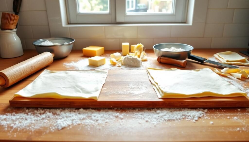 A neatly organized kitchen counter with an assortment of homemade puff pastry ingredients and tools. In the foreground, delicate sheets of freshly rolled puff pastry dough rest on a floured wooden board, ready for layering and folding. In the middle ground, a rolling pin, a pastry brush, and a sharp knife sit alongside a bowl of butter, a dusting of flour, and a handful of chilled dough trimmings. The background features a bright, airy window, allowing natural light to illuminate the scene and create a sense of warmth and culinary inspiration. The overall atmosphere conveys the artful process of creating homemade puff pastry, inviting the viewer to explore the nuances of this classic baking technique. Pastry Recipes