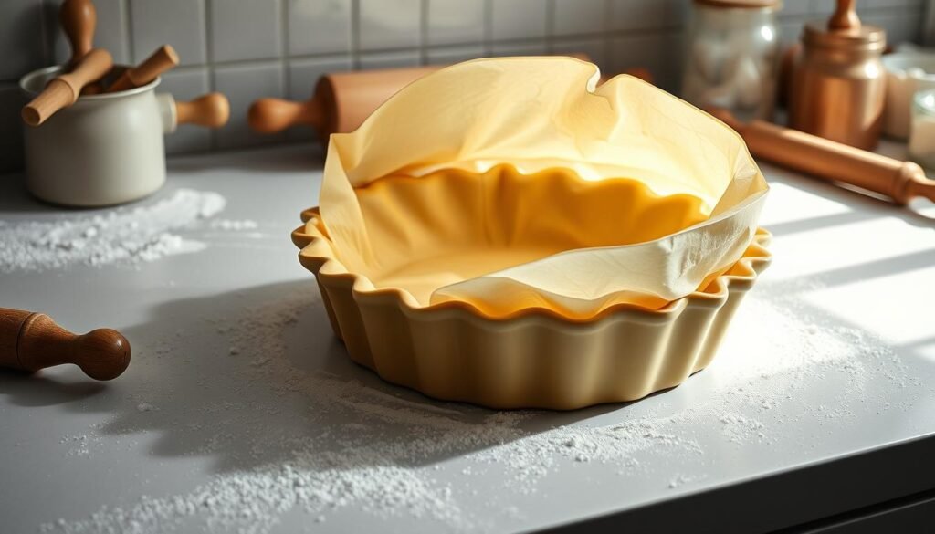 A pristine kitchen counter bathed in soft, natural lighting. On the counter, a section of chilled pie dough, gently rolled out and dusted with flour. Delicate, translucent sheets of dough are carefully lifted and draped into a pie dish, the edges neatly crimped. Nearby, a set of specialized rolling pins, pastry brushes, and other baking tools, hinting at the precise techniques required to achieve flaky, melt-in-your-mouth perfection. The overall atmosphere is serene and contemplative, inviting the viewer to appreciate the artistry and care inherent in crafting the perfect pie crust.