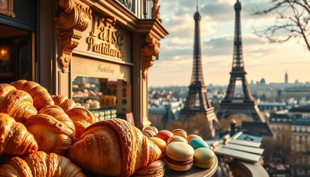 A richly detailed scene of French pastry history, captured in a classical oil painting style. In the foreground, a display of intricate, delicately crafted pastries - flaky croissants, buttery brioche, and delicate macarons in a rainbow of colors. The middle ground features a bustling Parisian patisserie, its ornate facade adorned with gilded trimmings and elegant signage. In the background, a panoramic view of the city skyline, with the iconic silhouette of the Eiffel Tower rising majestically. The scene is bathed in warm, golden lighting, creating a timeless, nostalgic atmosphere that evokes the timeless allure of French baking traditions. A richly detailed scene of French pastry history, captured in a classical oil painting style. In the foreground, a display of intricate, delicately crafted pastries - flaky croissants, buttery brioche, and delicate macarons in a rainbow of colors. The middle ground features a bustling Parisian patisserie, its ornate facade adorned with gilded trimmings and elegant signage. In the background, a panoramic view of the city skyline, with the iconic silhouette of the Eiffel Tower rising majestically. The scene is bathed in warm, golden lighting, creating a timeless, nostalgic atmosphere that evokes the timeless allure of French baking traditions.