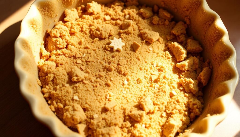 A rustic, buttery graham cracker crust mixture nestled in a classic pie dish, ready to be pressed and baked to perfection. The golden-brown crumbs are gently compacted, with a few stray pieces creating a naturally textured surface. Soft natural lighting casts gentle shadows, highlighting the inviting crust's depth and thickness. The dish is positioned at a slight angle, drawing the eye towards the center and hinting at the indulgent dessert to come. A sense of homemade comfort and traditional baking permeates the scene, perfectly capturing the essence of "Making the Perfect Graham Cracker Crust" for a timeless pumpkin pie. graham cracker crust