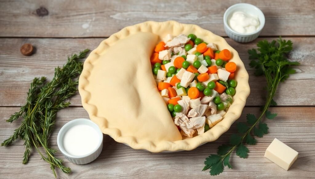 A rustic wooden table is the backdrop, with a soft, even light illuminating the array of essential ingredients for a creamy chicken pot pie. In the foreground, a golden-crusted pie crust rests alongside a bowl of diced chicken, carrots, celery, onions, and peas. Sprigs of fresh thyme and parsley add a touch of greenery, while a small bowl of heavy cream and a pat of butter complete the mise en place. The overall mood is one of cozy, homemade comfort, setting the stage for the delicious pot pie to come. A rustic wooden table is the backdrop, with a soft, even light illuminating the array of essential ingredients for a creamy chicken pot pie. In the foreground, a golden-crusted pie crust rests alongside a bowl of diced chicken, carrots, celery, onions, and peas. Sprigs of fresh thyme and parsley add a touch of greenery, while a small bowl of heavy cream and a pat of butter complete the mise en place. The overall mood is one of cozy, homemade comfort, setting the stage for the delicious pot pie to come.