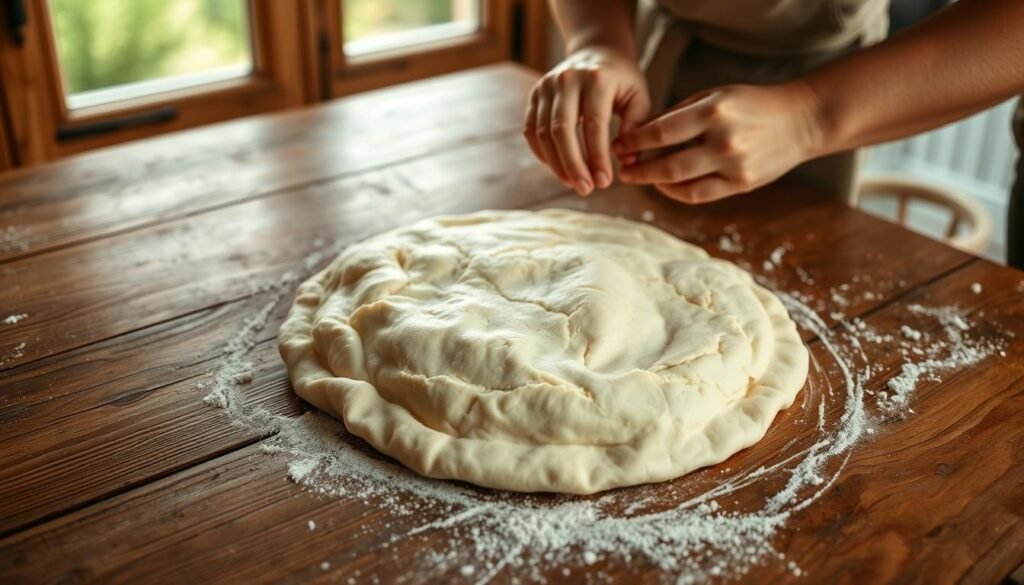 A rustic wooden table with a well-worn surface, illuminated by warm, natural lighting from a large window. On the table, a hands-gently kneading and folding homemade pie dough, creating delicate, flaky layers. The dough is a pale golden hue, with visible flecks of butter or shortening that create a tender, flaky texture. The dough is shaped into a round disc, ready to be rolled out and lined into a pie pan. The scene conveys the comforting, homemade feel of baking a classic flaky pie crust.