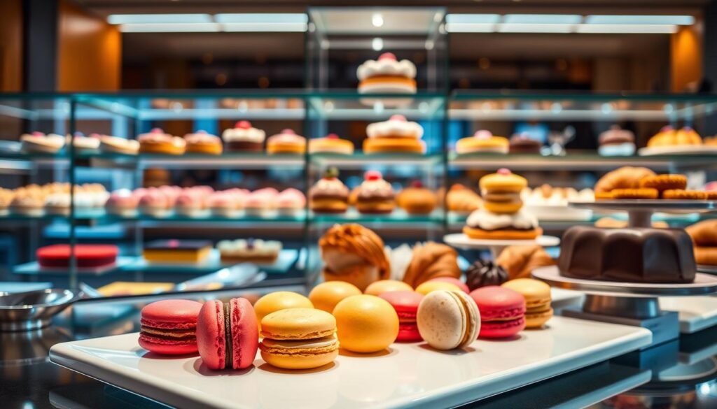 A sleek, modern patisserie display showcasing an array of exquisite pastries and confections. In the foreground, delicate macarons in vibrant hues are artfully arranged on a minimalist white platter. The middle ground features a tall glass display case filled with glistening tarts, flaky croissants, and decadent cakes. The background is bathed in warm, natural lighting that casts a soft glow over the scene, highlighting the intricate details and rich colors of the baked goods. The overall atmosphere exudes a sense of sophistication and culinary excellence, capturing the essence of the contemporary patisserie in the heart of a bustling urban setting. A sleek, modern patisserie display showcasing an array of exquisite pastries and confections. In the foreground, delicate macarons in vibrant hues are artfully arranged on a minimalist white platter. The middle ground features a tall glass display case filled with glistening tarts, flaky croissants, and decadent cakes. The background is bathed in warm, natural lighting that casts a soft glow over the scene, highlighting the intricate details and rich colors of the baked goods. The overall atmosphere exudes a sense of sophistication and culinary excellence, capturing the essence of the contemporary patisserie in the heart of a bustling urban setting.