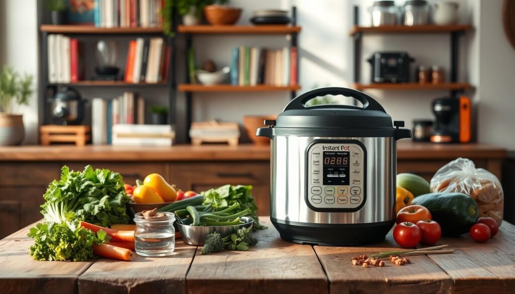 A stainless steel Instant Pot multicooker sits prominently on a rustic wooden table, surrounded by various fresh ingredients like vegetables, herbs, and spices. The device is illuminated by soft natural light filtering through a window, casting gentle shadows that accentuate its sleek, modern design. In the background, shelves display an array of cookbooks and small kitchen appliances, hinting at the culinary possibilities of this versatile pressure cooker. The overall scene conveys a sense of effortless functionality and culinary inspiration, perfectly capturing the essence of "Instant Pot and the Future of Pressure Cooking".