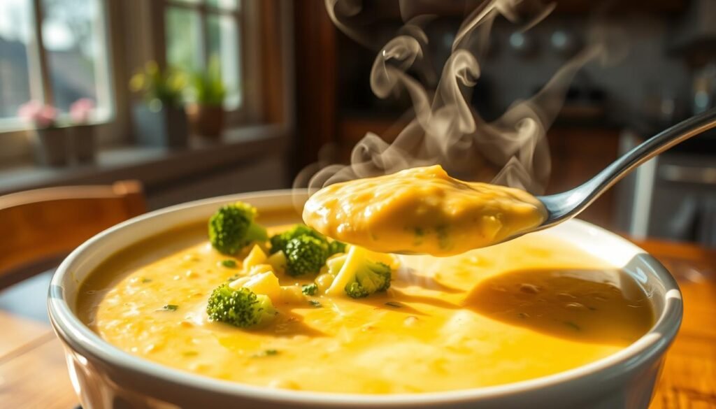 A steaming bowl of broccoli cheese soup, its creamy golden surface studded with vibrant green florets. Sunlight filters through large windows, casting a warm glow over the scene. The soup's aroma is rich and comforting, with notes of sharp cheddar and earthy broccoli. Thick, velvety texture envelops each spoonful, promising a satisfying and indulgent experience. Wisps of steam rise gracefully, hinting at the soup's temperature and inviting the viewer to imagine the first delicious bite. Rustic wooden table, simple white ceramic bowl, and a hint of a cozy kitchen in the background set the stage for this classic, homemade dish.