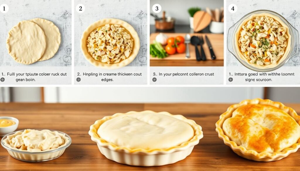 A step-by-step guide to making a creamy chicken pot pie, presented in a clear, easy-to-follow visual format. The foreground depicts a series of process shots, showing the key stages of assembling the pie - rolling out the dough, layering the filling ingredients, crimping the edges, and finishing with a golden-brown crust. The middle ground features a still life of the necessary tools and ingredients, neatly arranged. The background is a softly blurred kitchen setting, with a warm, homey atmosphere and gentle natural lighting. The overall composition is clean, uncluttered, and designed to guide the viewer through the recipe intuitively. A step-by-step guide to making a creamy chicken pot pie, presented in a clear, easy-to-follow visual format. The foreground depicts a series of process shots, showing the key stages of assembling the pie - rolling out the dough, layering the filling ingredients, crimping the edges, and finishing with a golden-brown crust. The middle ground features a still life of the necessary tools and ingredients, neatly arranged. The background is a softly blurred kitchen setting, with a warm, homey atmosphere and gentle natural lighting. The overall composition is clean, uncluttered, and designed to guide the viewer through the recipe intuitively.