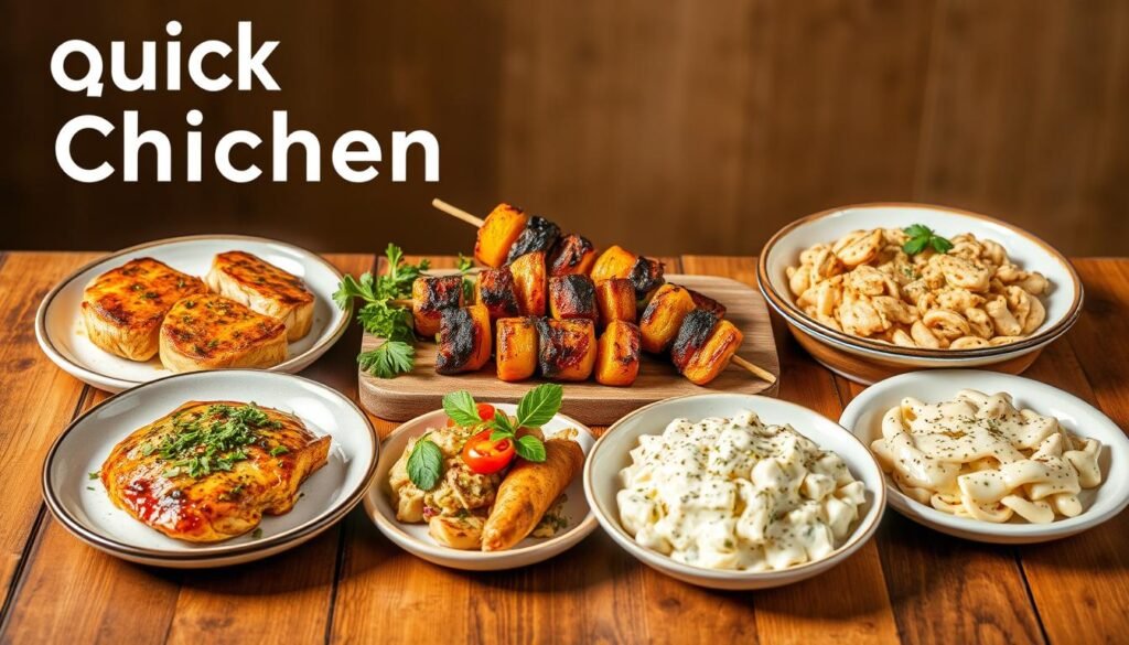 A stylish and appetizing arrangement of seven mouthwatering chicken dishes on a rustic wooden table, illuminated by warm, natural lighting and accentuated by a minimalist, earthy background. The dishes showcase a variety of quick, easy-to-prepare chicken recipes, including a roasted chicken breast with a vibrant herb-infused sauce, a juicy grilled chicken skewer with colorful vegetables, and a creamy chicken alfredo pasta. The presentation is both visually appealing and enticing, conveying the idea of simple, yet delectable "quick chicken lunches" that can easily be incorporated into one's daily routine.