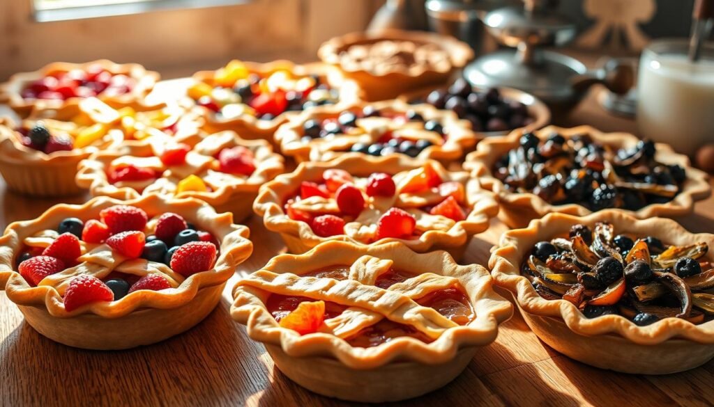 A tantalizing array of sweet and savory pie fillings, artfully arranged on a wooden surface, bathed in warm, natural lighting. In the foreground, flaky, golden-brown pie crusts reveal a mouthwatering medley of juicy berries, tart citrus, and savory roasted vegetables. The middle ground showcases delicate lattice patterns and decorative leaf shapes, while the background hints at the cozy kitchen setting, with hints of vintage utensils and baking equipment. The overall scene evokes a sense of homemade comfort, inviting the viewer to imagine the delectable flavors and textures of these irresistible pie creations.