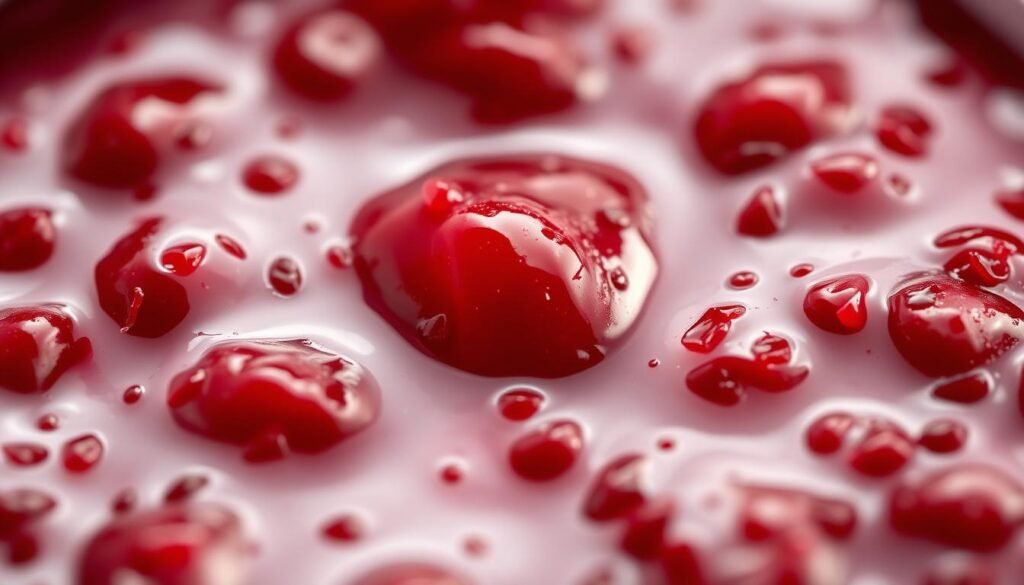 A vibrant, close-up close-up of a fresh, homemade raspberry jam filling. The jam has a deep, glossy red color and a thick, creamy texture. Tiny seeds and fine threads of raspberry pulp are visible throughout, adding a delightful natural appearance. The jam glistens under soft, warm lighting, reflecting an inviting sheen. The composition places the jam in the center, filling the frame with its rich, alluring hue. The background is blurred to focus attention on the sumptuous, appetizing texture and color of the jam. An elegant, sophisticated mood conveys the premium, handcrafted quality of this decadent raspberry filling. A vibrant, close-up close-up of a fresh, homemade raspberry jam filling. The jam has a deep, glossy red color and a thick, creamy texture. Tiny seeds and fine threads of raspberry pulp are visible throughout, adding a delightful natural appearance. The jam glistens under soft, warm lighting, reflecting an inviting sheen. The composition places the jam in the center, filling the frame with its rich, alluring hue. The background is blurred to focus attention on the sumptuous, appetizing texture and color of the jam. An elegant, sophisticated mood conveys the premium, handcrafted quality of this decadent raspberry filling.