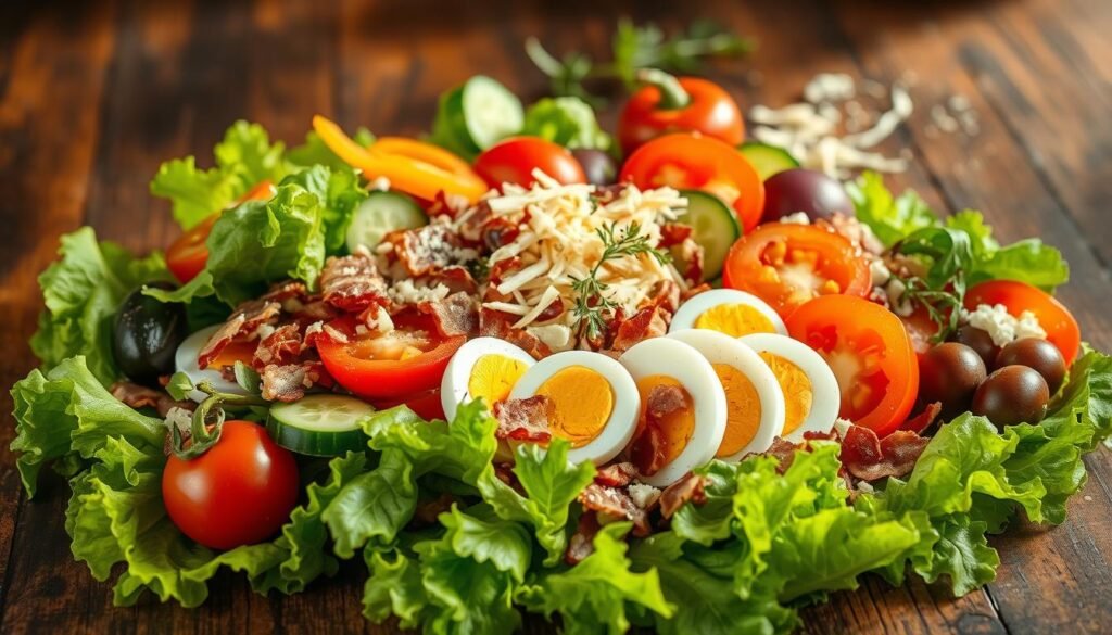 A vibrant collection of fresh salad ingredients, artfully arranged on a rustic wooden table, bathed in warm, natural lighting. In the foreground, a mix of crisp lettuce leaves, juicy tomatoes, crunchy cucumbers, and colorful bell peppers. The middle ground features sliced hard-boiled eggs, savory bacon bits, and shredded cheese, creating a visually appealing and appetizing composition. In the background, a few sprigs of fragrant herbs and a light sprinkling of aromatic seasonings complete the scene, evoking the essence of a classic chef's salad. The overall mood is one of freshness, wholesome goodness, and culinary inspiration. classic chef salad