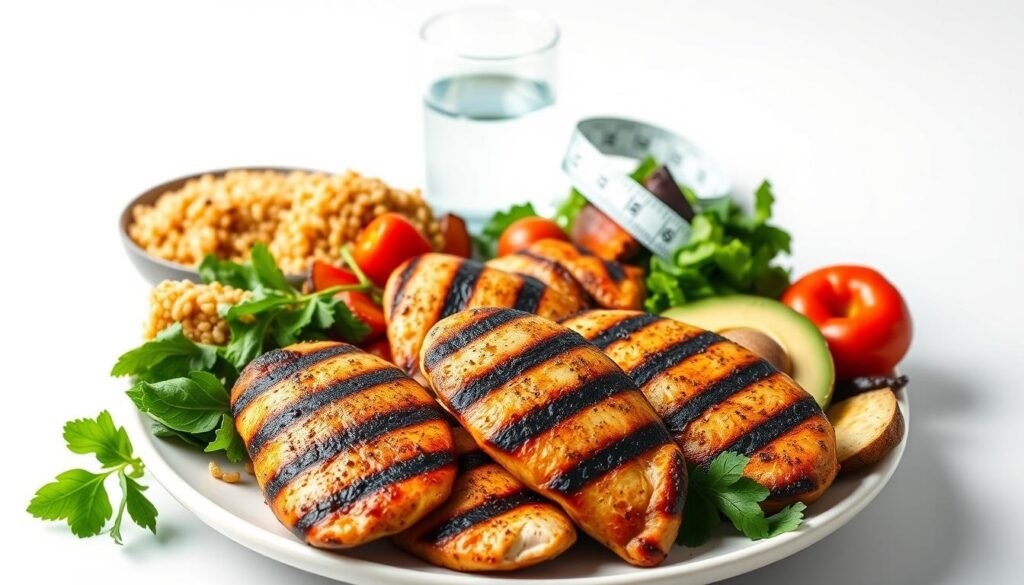 A vibrant, high-quality photograph of various protein-rich foods set against a clean, minimalist background. In the foreground, a plate overflows with juicy, grilled chicken breasts, expertly seasoned and seared to perfection. Surrounding the chicken are colorful, nutrient-dense superfoods like quinoa, avocado, leafy greens, and roasted vegetables. The lighting is soft and natural, highlighting the textures and colors of the ingredients. In the middle ground, a glass of clear, refreshing water sits alongside a measuring tape, symbolizing the importance of portion control and balanced nutrition. The background is a simple, bright white that allows the star ingredients to shine. The overall mood is one of health, vitality, and the benefits of a high-protein, nutrient-dense diet. A vibrant, high-quality photograph of various protein-rich foods set against a clean, minimalist background. In the foreground, a plate overflows with juicy, grilled chicken breasts, expertly seasoned and seared to perfection. Surrounding the chicken are colorful, nutrient-dense superfoods like quinoa, avocado, leafy greens, and roasted vegetables. The lighting is soft and natural, highlighting the textures and colors of the ingredients. In the middle ground, a glass of clear, refreshing water sits alongside a measuring tape, symbolizing the importance of portion control and balanced nutrition. The background is a simple, bright white that allows the star ingredients to shine. The overall mood is one of health, vitality, and the benefits of a high-protein, nutrient-dense diet.