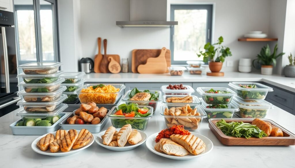 A visually appetizing arrangement of freshly prepared chicken meal options, meticulously organized on a modern, minimalist kitchen countertop. The foreground features a selection of healthy, protein-rich chicken dishes, including grilled chicken breasts, chicken burrito bowls, and chicken salad. The middle ground showcases various meal prep containers, utensils, and chopping boards, conveying a sense of efficiency and organization. The background is softly lit, with natural light streaming in through large windows, creating a warm and inviting atmosphere. The overall scene exudes a balance of culinary expertise and practical meal prepping, perfectly capturing the essence of "Top Chicken Meal Prep Ideas for Optimal Weekday Efficiency". A visually appetizing arrangement of freshly prepared chicken meal options, meticulously organized on a modern, minimalist kitchen countertop. The foreground features a selection of healthy, protein-rich chicken dishes, including grilled chicken breasts, chicken burrito bowls, and chicken salad. The middle ground showcases various meal prep containers, utensils, and chopping boards, conveying a sense of efficiency and organization. The background is softly lit, with natural light streaming in through large windows, creating a warm and inviting atmosphere. The overall scene exudes a balance of culinary expertise and practical meal prepping, perfectly capturing the essence of "Top Chicken Meal Prep Ideas for Optimal Weekday Efficiency".