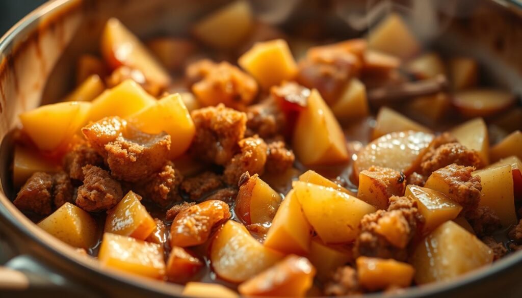 A warm, inviting close-up of freshly made apple pie filling, steaming and glistening with a mixture of tender, sliced apples, brown sugar, cinnamon, and a hint of nutmeg. The filling is nestled in a rustic, ceramic baking dish, bathed in soft, natural lighting that accentuates the rich, caramelized colors and textures. The foreground is in sharp focus, drawing the viewer's attention to the enticing details of the filling, while the background is slightly blurred, creating a sense of depth and emphasizing the filling as the star of the scene. The overall atmosphere is one of homemade comfort and culinary delight, perfectly suited to illustrate the step-by-step instructions for creating the perfect apple pie filling. A warm, inviting close-up of freshly made apple pie filling, steaming and glistening with a mixture of tender, sliced apples, brown sugar, cinnamon, and a hint of nutmeg. The filling is nestled in a rustic, ceramic baking dish, bathed in soft, natural lighting that accentuates the rich, caramelized colors and textures. The foreground is in sharp focus, drawing the viewer's attention to the enticing details of the filling, while the background is slightly blurred, creating a sense of depth and emphasizing the filling as the star of the scene. The overall atmosphere is one of homemade comfort and culinary delight, perfectly suited to illustrate the step-by-step instructions for creating the perfect apple pie filling.