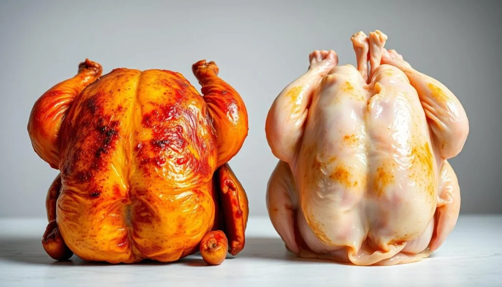 A well-lit, high-resolution image showcasing a side-by-side comparison of a juicy rotisserie chicken and a tender boiled chicken, set against a clean, minimalist background. The rotisserie chicken should have a perfectly golden-brown skin and glistening, succulent meat, while the boiled chicken displays a more pale, delicate texture. The image should capture the distinct visual differences between the two cooking methods, allowing the viewer to appreciate the unique characteristics and qualities of each preparation style. Lighting should be soft and evenly distributed, accentuating the textures and highlighting the contrasting colors. The overall composition should be visually striking and informative, guiding the viewer's attention to the key elements. A well-lit, high-resolution image showcasing a side-by-side comparison of a juicy rotisserie chicken and a tender boiled chicken, set against a clean, minimalist background. The rotisserie chicken should have a perfectly golden-brown skin and glistening, succulent meat, while the boiled chicken displays a more pale, delicate texture. The image should capture the distinct visual differences between the two cooking methods, allowing the viewer to appreciate the unique characteristics and qualities of each preparation style. Lighting should be soft and evenly distributed, accentuating the textures and highlighting the contrasting colors. The overall composition should be visually striking and informative, guiding the viewer's attention to the key elements.