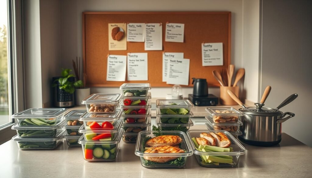 A well-organized kitchen counter displaying various meal prep containers, fresh vegetables, grilled chicken breasts, and cooking utensils. The scene is bathed in warm, natural lighting from a large window, casting a soft glow over the arrangement. In the background, a corkboard displays weekly meal plans and schedules, providing a sense of structure and organization. The overall mood is one of efficiency, health, and a balanced lifestyle. A professional, streamlined aesthetic that inspires the viewer to adopt a strategic approach to their own weekly meal preparation. High-Protein Chicken Recipes