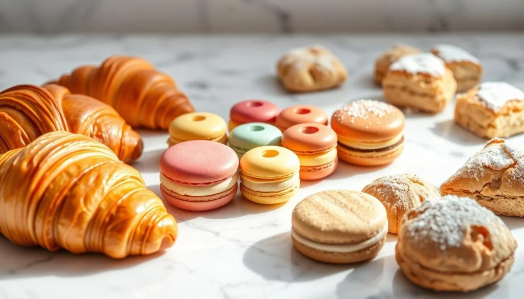 An assortment of artfully crafted pastries arranged on a marble countertop, bathed in soft, natural lighting. In the foreground, flaky croissants, golden-brown and glistening, alongside delicate cream-filled eclairs and buttery, melt-in-your-mouth danishes. The middle ground features a selection of colorful macarons, their vibrant hues complementing the rich, indulgent textures. In the background, a scattering of freshly baked scones, their crumbly exteriors dusted with powdered sugar, inviting the viewer to imagine their comforting flavors. The scene exudes a sense of elegance and attention to detail, perfectly capturing the essence of seven must-try pastry varieties that will sweeten your day. An assortment of artfully crafted pastries arranged on a marble countertop, bathed in soft, natural lighting. In the foreground, flaky croissants, golden-brown and glistening, alongside delicate cream-filled eclairs and buttery, melt-in-your-mouth danishes. The middle ground features a selection of colorful macarons, their vibrant hues complementing the rich, indulgent textures. In the background, a scattering of freshly baked scones, their crumbly exteriors dusted with powdered sugar, inviting the viewer to imagine their comforting flavors. The scene exudes a sense of elegance and attention to detail, perfectly capturing the essence of seven must-try pastry varieties that will sweeten your day.