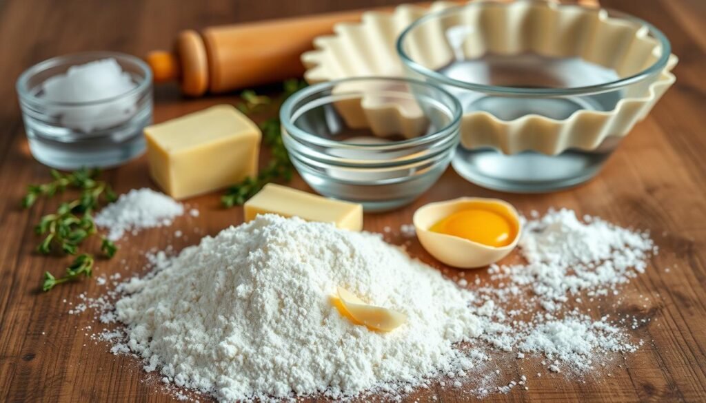 An assortment of fresh, high-quality ingredients for a flaky pie crust, arranged on a rustic wooden table. In the foreground, a mound of all-purpose flour, a pat of cold unsalted butter, and a cracked egg yolk. In the middle ground, a glass bowl of ice water and a sprinkle of kosher salt. In the background, a rolling pin, a fluted tart pan, and a sprig of fresh thyme, evoking the warm, earthy tones of a traditional kitchen. Soft, natural lighting casts a gentle glow, highlighting the textures and colors of the ingredients. The overall mood is one of simple, homemade elegance, setting the stage for the creation of a delicious, flaky pie crust.