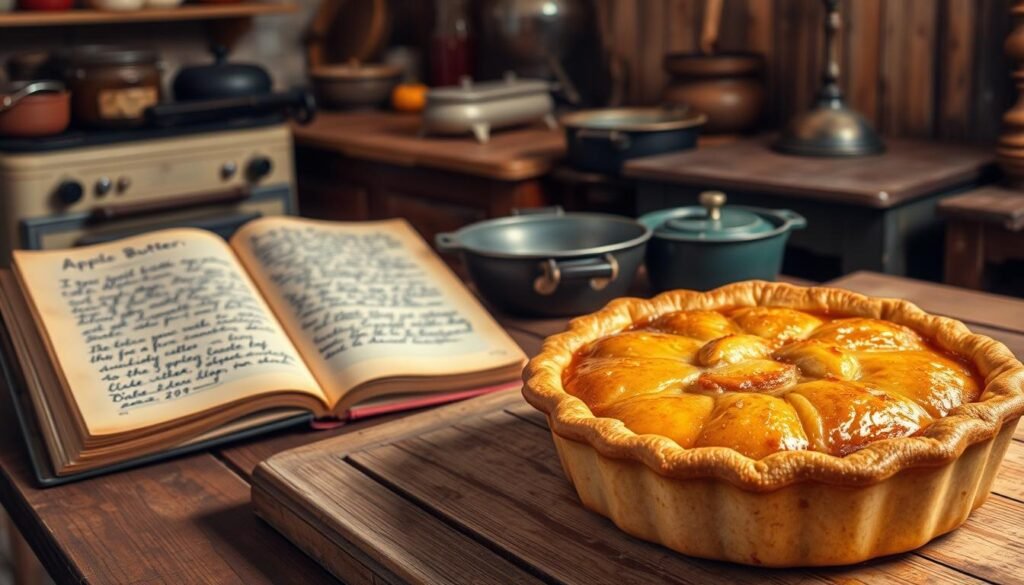 An old-fashioned kitchen scene, with a cozy atmosphere and warm lighting. In the foreground, a freshly baked apple butter pie, its golden crust glistening, sits on a worn wooden table. In the middle ground, a weathered cookbook lies open, its pages revealing handwritten recipes for traditional apple butter and pie. The background features vintage kitchen appliances, cast-iron cookware, and antique utensils, hinting at the rich history and tradition of this fall favorite. The overall mood is one of nostalgia, comfort, and the timeless allure of homemade baking. An old-fashioned kitchen scene, with a cozy atmosphere and warm lighting. In the foreground, a freshly baked apple butter pie, its golden crust glistening, sits on a worn wooden table. In the middle ground, a weathered cookbook lies open, its pages revealing handwritten recipes for traditional apple butter and pie. The background features vintage kitchen appliances, cast-iron cookware, and antique utensils, hinting at the rich history and tradition of this fall favorite. The overall mood is one of nostalgia, comfort, and the timeless allure of homemade baking.