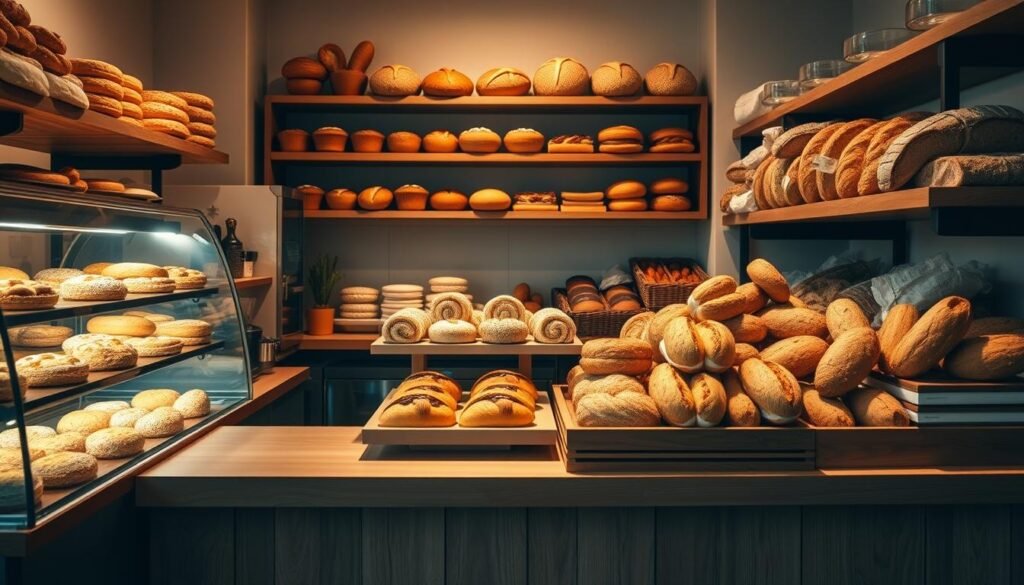 Artisan bakery display, showcasing an array of freshly baked pastries and bread. A well-lit, warm-toned scene with a wooden counter, glass display cases, and shelves adorned with intricate desserts and aromatic loaves. The lighting creates a soft, inviting glow, drawing the viewer's attention to the delectable treats. Bakery staples such as croissants, danishes, and artisanal sourdough breads are thoughtfully arranged, their textures and colors creating a visually appealing and mouthwatering display. The overall atmosphere exudes a sense of craftsmanship, quality, and a passion for baking. Artisan bakery display, showcasing an array of freshly baked pastries and bread. A well-lit, warm-toned scene with a wooden counter, glass display cases, and shelves adorned with intricate desserts and aromatic loaves. The lighting creates a soft, inviting glow, drawing the viewer's attention to the delectable treats. Bakery staples such as croissants, danishes, and artisanal sourdough breads are thoughtfully arranged, their textures and colors creating a visually appealing and mouthwatering display. The overall atmosphere exudes a sense of craftsmanship, quality, and a passion for baking.