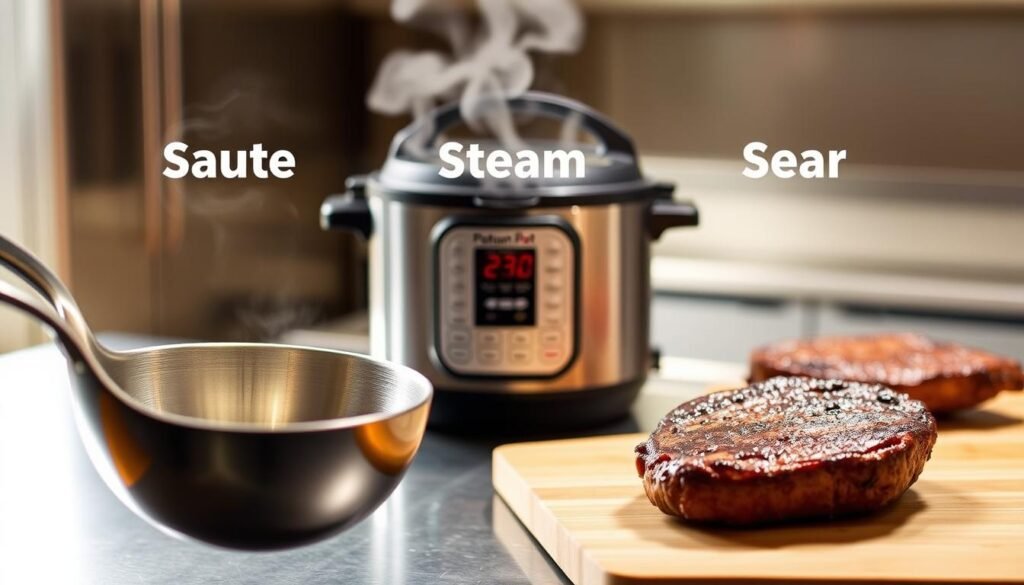 Crisp sauté pan in the foreground, steam rising from a pressure cooker in the middle, and a seared steak on a cutting board in the background. Warm lighting illuminates the scene, with a stainless steel kitchen setting providing a clean, professional ambiance. Convey the seamless integration of these three core cooking techniques - sauté, steam, and sear - that create flavorful, tender results in a pressure cooker. Emphasize the precision, speed, and efficiency of these methods to save time and enhance taste, as showcased in the "Pressure Cooker Magic" article.