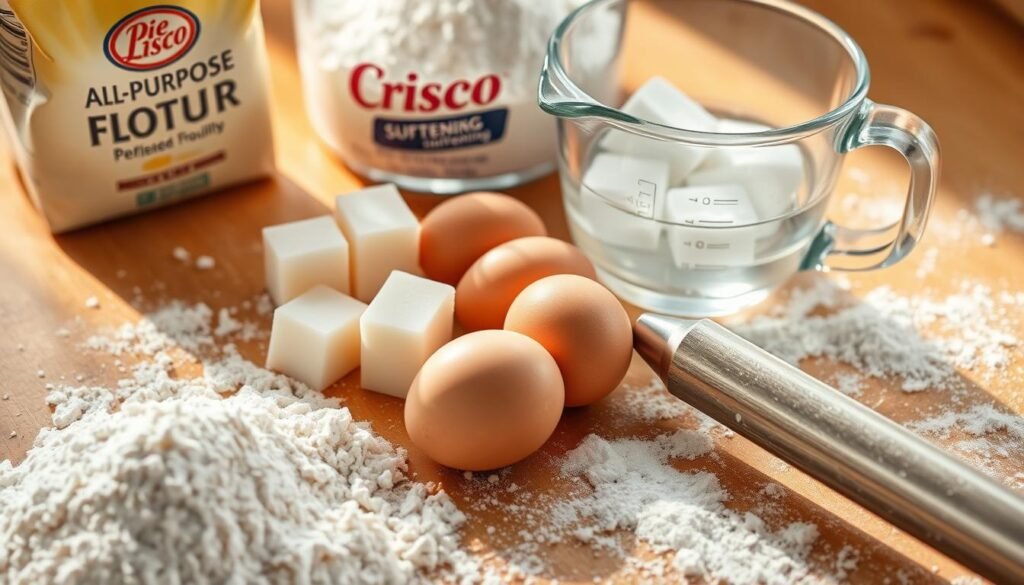 Crisp, warm-lit close-up of a wooden table covered in essential pie crust ingredients: a pile of all-purpose flour, cubes of chilled Crisco shortening, a few whole eggs, a glass measuring cup filled with ice water, and a stainless steel rolling pin. The ingredients are arranged in an appealing still-life composition, with gentle shadows and highlights creating depth and texture. The overall mood is one of wholesome, homemade comfort and baking preparation.