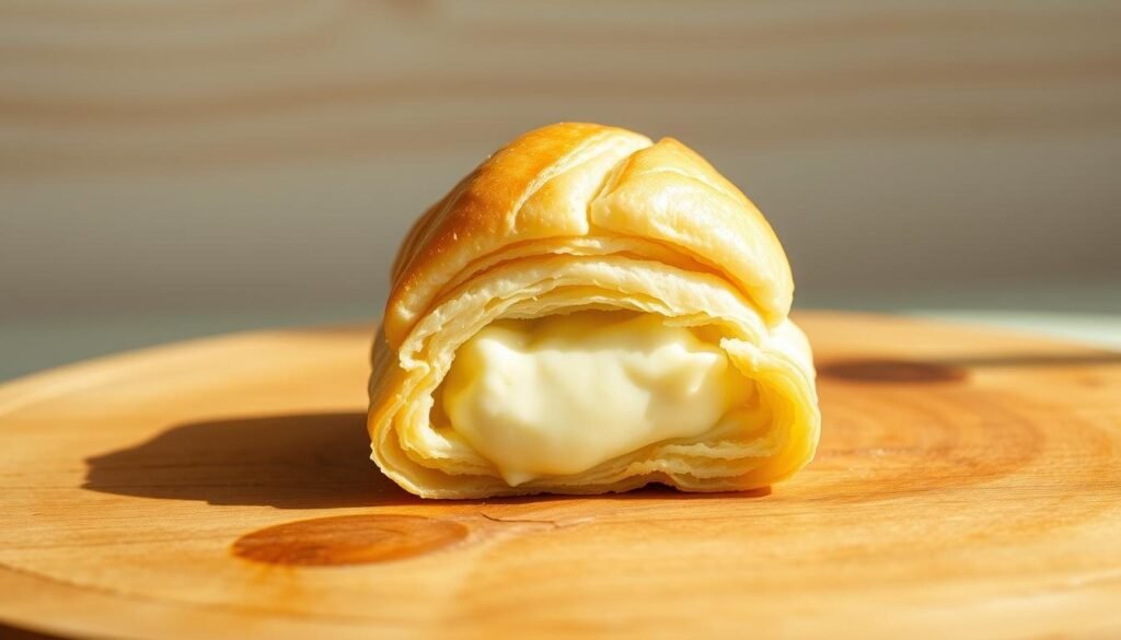 Delicate cream cheese puff pastry, freshly baked, with a golden-brown crust and a light, flaky interior. A creamy, tantalizing filling oozes out from the delicate layers, its texture silky smooth. The pastry sits atop a rustic wooden surface, framed by a clean, minimalist background that allows the pastry to take center stage. Soft, natural lighting casts subtle shadows, highlighting the intricate textures and drawing the viewer's eye to the irresistible creation. The overall scene evokes a sense of homemade indulgence, inviting the viewer to imagine the satisfying experience of biting into this masterful cream cheese puff pastry. Pastry Recipes