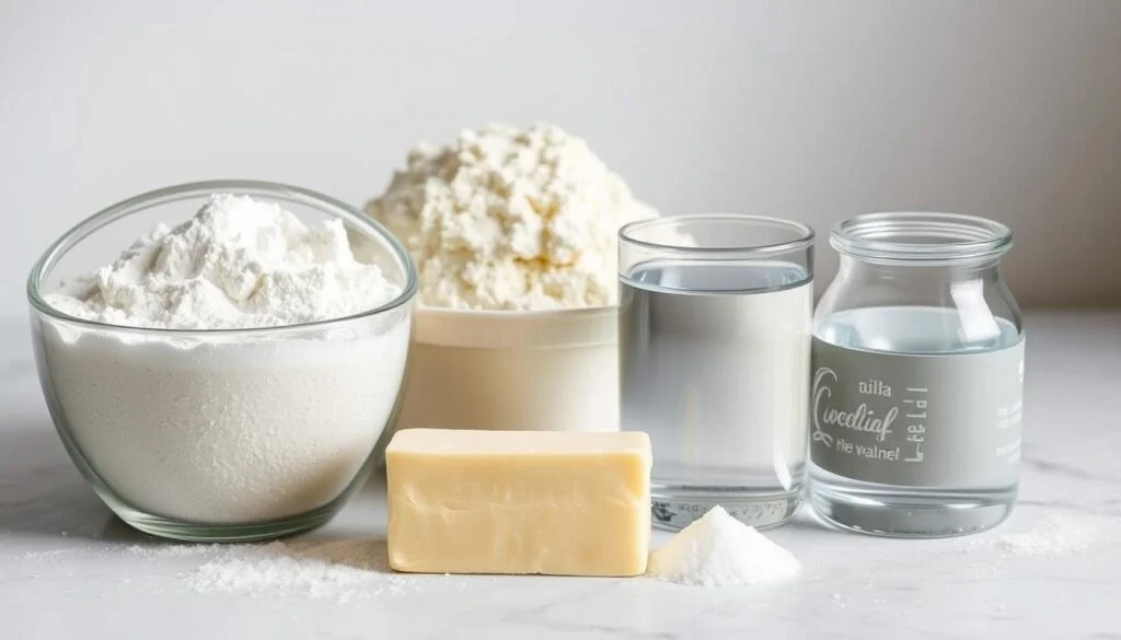 A neatly arranged assortment of classic pie crust ingredients, including all-purpose flour, cold unsalted butter, ice-cold water, and a pinch of salt, illuminated by soft, diffused lighting and captured from a slightly elevated angle, showcasing the textural details and natural colors of the ingredients against a clean, minimalist background, creating a sense of simplicity and culinary elegance. Flaky Pie Crust for Quiche (1)