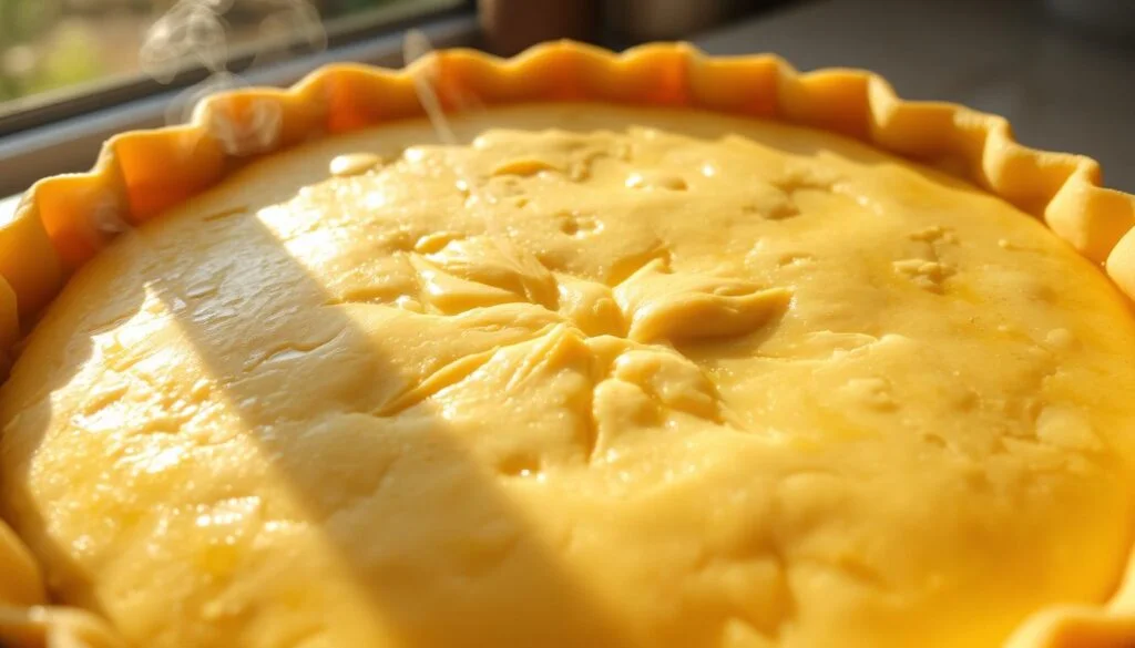 A golden, flaky pie crust, the centerpiece of a savory quiche. Thin, delicate layers of crisp pastry, glistening with a light brushing of egg wash. The crust's edges are perfectly crimped, forming an elegant scalloped border. Soft, wispy tendrils of steam rise from the warm, freshly baked surface. Dappled sunlight filters through a window, casting a warm glow and dramatic shadows across the crust's intricate folds and textures. The overall scene exudes a sense of homemade comfort and culinary artistry, ready to be sliced and enjoyed. Flaky Pie Crust
