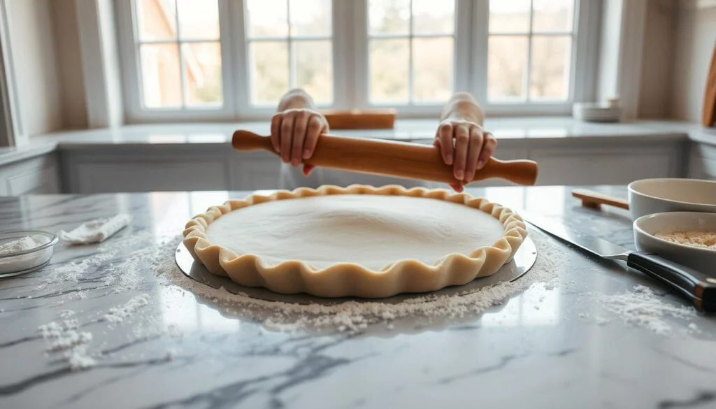 A marble countertop in a bright, airy kitchen. On the counter, a baker's hands delicately rolling out a round sheet of pale, flaky pie dough with a wooden rolling pin. The dough is surrounded by scattered flour, a sharp baker's knife, and a ceramic pie dish. Warm, natural lighting filters through large windows, casting a soft glow on the scene. The overall mood is one of focused, meticulous craftsmanship - the careful process of perfecting a classic pastry. Flaky Pie Crust for Quiche (1)