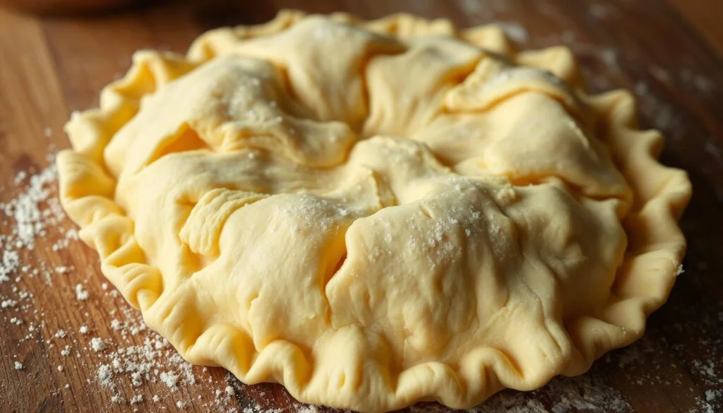 Crisp, golden pie crust with delicate, flaky layers, resting on a rustic wooden surface. Soft natural lighting accentuates the intricate patterns and tender texture, inviting a closer look. The crust appears lightly dusted with flour, hinting at the care and attention given to its preparation. The camera angle highlights the depth and complexity of the crust's structure, showcasing the secrets to achieving the perfect, homemade flakiness. A sense of warmth and comfort radiates from the image, setting the stage for a delicious culinary experience. Flaky Pie Crust
