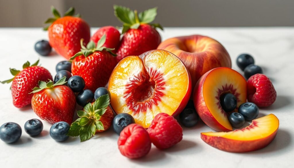 Fresh seasonal berries and fruits arranged for dessert making, completing the 5 key ingredients for irresistible desserts Fresh seasonal berries and fruits arranged for dessert making, completing the 5 key ingredients for irresistible desserts