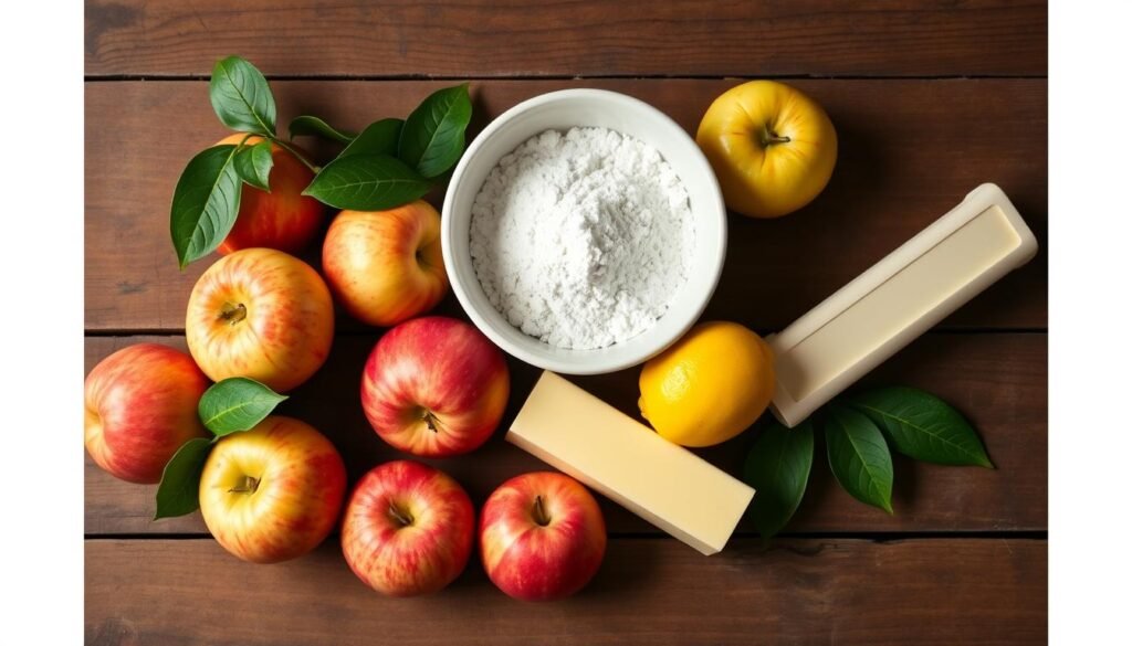 Generate an image of a variety of apples, cornstarch, lemon, and butter. Generate an image of a variety of apples, cornstarch, lemon, and butter.