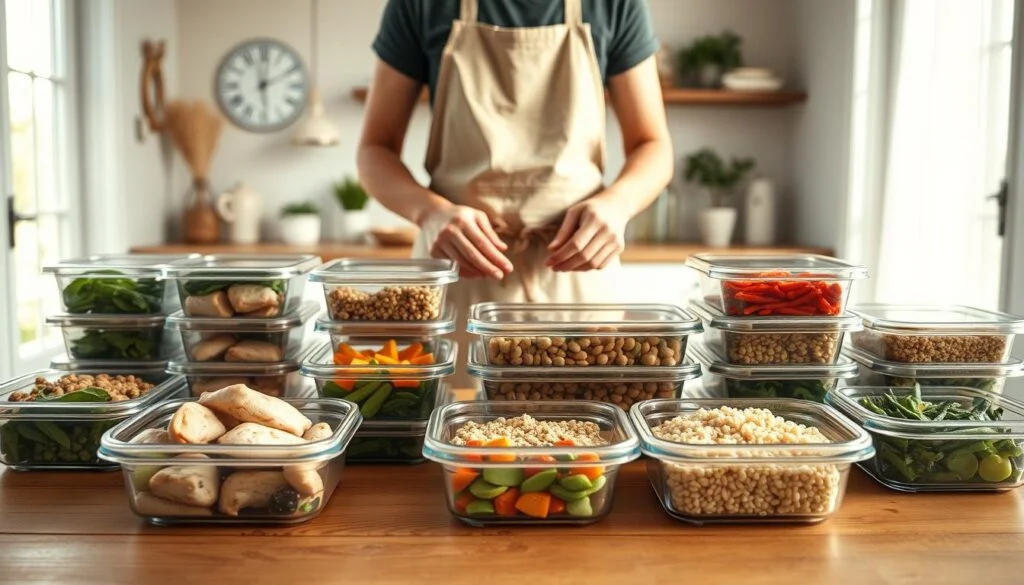 A bright, airy kitchen setting with a wooden table in the foreground, adorned with various meal prep containers filled with freshly cooked chicken, vegetables, and grains. In the middle ground, a person wearing an apron is carefully arranging the containers, showcasing the attention to detail in their weekly meal preparation. Soft natural lighting streams in through large windows, casting a warm glow on the scene. The background features minimalist decor, allowing the focus to remain on the delicious and nutritious meal prep. The overall atmosphere conveys a sense of organization, efficiency, and a commitment to a healthy lifestyle. High-Protein Chicken Recipes