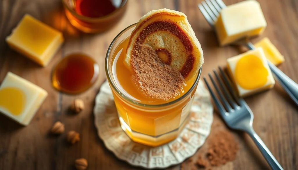 A beautifully lit overhead shot of a glass filled with a golden, syrupy liquid, garnished with a light dusting of cinnamon and a sliced, caramelized pancake wedge perched gracefully on the rim. The glass is positioned on a wooden surface, surrounded by scattered ingredients like maple syrup, butter, and a fork, creating a warm, cozy, and inviting breakfast-inspired scene. The lighting is soft and diffused, casting gentle shadows and highlighting the natural textures and colors of the elements. The composition is balanced and visually appealing, drawing the viewer's attention to the captivating "Pancake Shot" cocktail. Pancake Shot Recipe