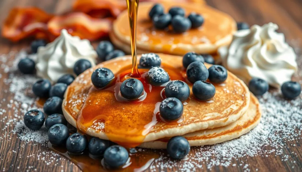 A delectable assortment of freshly prepared pancake garnishes, artfully arranged on a rustic wooden surface. In the foreground, a drizzle of warm maple syrup cascades over plump, golden-brown pancakes, accompanied by a scattering of ripe, juicy blueberries. In the middle ground, a sprinkle of powdered sugar dusts the scene, creating a soft, ethereal glow. Surrounding the central display, an arrangement of crisp, golden-brown bacon strips and a dollop of creamy whipped cream add depth and texture to the composition. The lighting is soft and natural, accentuating the vibrant colors and inviting textures of this breakfast-inspired tableau. Pancake Shot Recipe