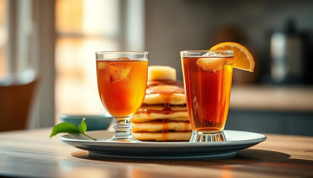 A visually captivating "Pancake Shot" featuring a stack of golden, fluffy pancakes in the foreground, with a glass of amber-colored liquid placed in front of it. The pancakes are drizzled with a rich, maple-infused syrup, creating a mouthwatering contrast against the cool, refreshing cocktail. The lighting is warm and inviting, with gentle shadows adding depth and dimension to the scene. The background is slightly blurred, suggesting a cozy, intimate setting, perhaps a quaint breakfast nook or a modern, minimalist kitchen. The overall composition is balanced, drawing the viewer's attention to the central elements and creating a harmonious, appetizing atmosphere. Pancake Shot Recipe