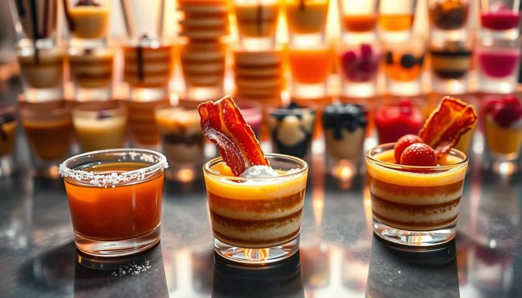 A vibrant array of colorful pancake shots, each with its own unique twist. In the foreground, a trio of shots - one rimmed with syrup, another dusted with powdered sugar, and the third garnished with a slice of crisp bacon. In the middle ground, an assortment of shots showcasing different flavor combinations, from chocolate-drizzled to berry-infused. The background features a dazzling display of shot glasses, some stacked, others arranged in a creative, eye-catching pattern. Soft, warm lighting casts a cozy, inviting atmosphere, while a subtle reflection on the glossy surface adds depth and dimension to the scene. The overall composition captures the playful, indulgent nature of these breakfast-inspired cocktails. Pancake Shot Recipe