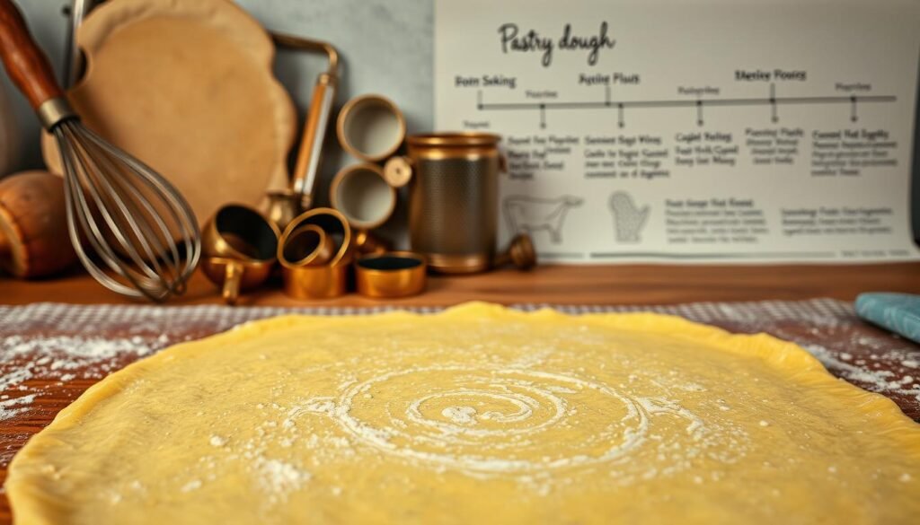 Pastry dough history: a layered, flaky timeline. In the foreground, a neatly rolled-out sheet of golden pastry dough, its surface textured with the imprint of a wooden rolling pin. Mid-frame, a collage of vintage baking tools - a well-worn whisk, a set of brass cookie cutters, a tarnished flour sifter - hinting at the storied traditions of pastry-making. In the background, a hand-drawn timeline charts the evolution of pastry dough, from ancient Egyptian flatbreads to the delicate puff pastries of 17th-century France, all illuminated by the warm, soft glow of an overhead light, as if glimpsed through a well-worn cookbook. A sense of artisanal heritage and culinary craftsmanship pervades the scene. Pastry dough history: a layered, flaky timeline. In the foreground, a neatly rolled-out sheet of golden pastry dough, its surface textured with the imprint of a wooden rolling pin. Mid-frame, a collage of vintage baking tools - a well-worn whisk, a set of brass cookie cutters, a tarnished flour sifter - hinting at the storied traditions of pastry-making. In the background, a hand-drawn timeline charts the evolution of pastry dough, from ancient Egyptian flatbreads to the delicate puff pastries of 17th-century France, all illuminated by the warm, soft glow of an overhead light, as if glimpsed through a well-worn cookbook. A sense of artisanal heritage and culinary craftsmanship pervades the scene.
