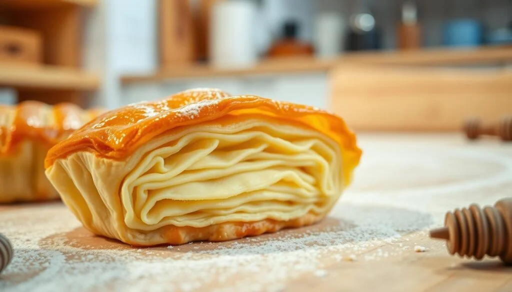 A crisp, golden-brown puff pastry shell, meticulously layered with delicate, flaky dough, glistening under the warm studio lighting. The scene is captured from a low angle, emphasizing the intricate textures and the artful arrangement of the pastry. In the background, a softly blurred kitchen counter hints at the artisan's workspace, conveying a sense of craftsmanship and attention to detail. The overall mood is one of precision, elegance, and the joy of baking. Patisserie Meaning
