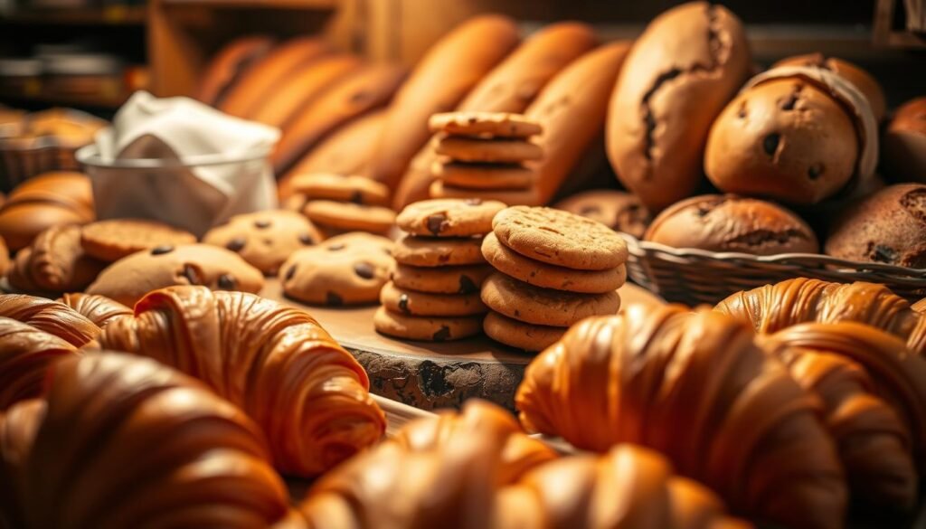 Prompt A cozy, well-lit bakery display showcasing an array of delectable baked goods. In the foreground, golden-brown croissants, flaky and buttery, are neatly arranged. In the middle ground, a tempting selection of cookies - chocolate chip, snickerdoodle, and shortbread - are stacked on a rustic wooden platter. Farther back, a tantalizing display of freshly baked loaves of artisanal bread, their crusts glistening under the warm, inviting lighting. The overall scene exudes a homey, comforting atmosphere, making the viewer's mouth water with anticipation. Prompt A cozy, well-lit bakery display showcasing an array of delectable baked goods. In the foreground, golden-brown croissants, flaky and buttery, are neatly arranged. In the middle ground, a tempting selection of cookies - chocolate chip, snickerdoodle, and shortbread - are stacked on a rustic wooden platter. Farther back, a tantalizing display of freshly baked loaves of artisanal bread, their crusts glistening under the warm, inviting lighting. The overall scene exudes a homey, comforting atmosphere, making the viewer's mouth water with anticipation.