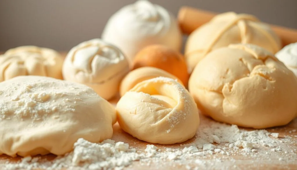A delectable arrangement of assorted pastry doughs, captured in a warm, inviting light. In the foreground, flaky pie crust, silky-smooth brioche, and tender, golden puff pastry lie alongside a sprinkle of flour, conveying the tactile experience of working with these versatile ingredients. The middle ground features a selection of doughs in various stages of preparation - some kneaded, others rolled out, showcasing their diverse textures and structures. In the background, a neutral-toned countertop or wooden board provides a minimalist backdrop, allowing the doughs to take center stage. The overall mood is one of culinary artistry, where the beauty and diversity of pastry doughs are celebrated in a visually captivating manner. Types of Pastries