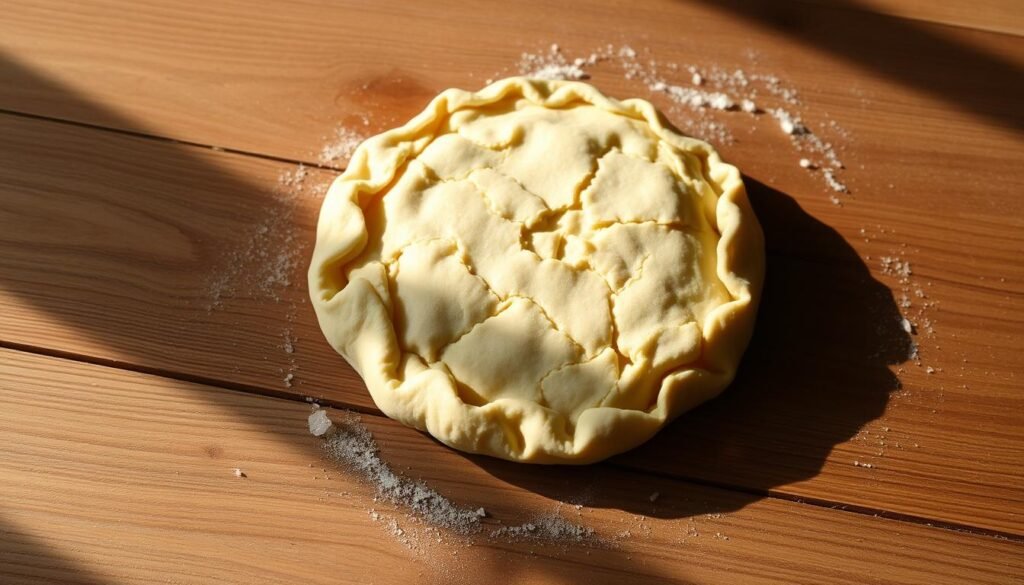 a mouthwatering vegan pie crust, made with a blend of premium extra virgin olive oil, whole wheat flour, and a touch of sea salt, resting on a rustic wooden surface. The crust has a delicate, flaky texture and a golden-brown hue, evoking a sense of homemade comfort. Soft natural lighting illuminates the scene, casting warm shadows and highlighting the crust's intricate patterns. The overall composition conveys a sense of simplicity, healthfulness, and culinary expertise, perfectly suited to illustrate a section on vegan and dietary alternatives in pie crust making.