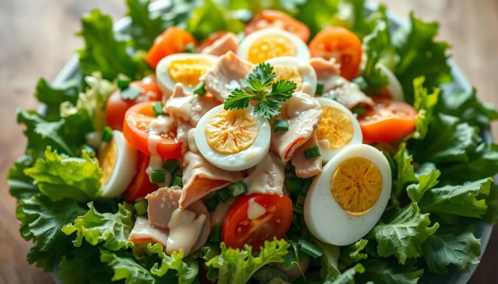 A bountiful chef salad, its crisp lettuce leaves creating a lush, verdant base. Atop this foundation, an artful arrangement of vibrant ingredients - juicy tomatoes, crunchy cucumbers, savory eggs, and slivers of tender ham and turkey. The salad is bathed in a creamy, tangy dressing, the light reflecting off its glossy surface. Captured from a high angle, the salad is presented as a visually striking and appetizing centerpiece, showcasing the classic combination of flavors and textures that make this dish a beloved staple. Soft, natural lighting and a shallow depth of field draw the viewer's focus to the salad's captivating composition. chef salad recipe