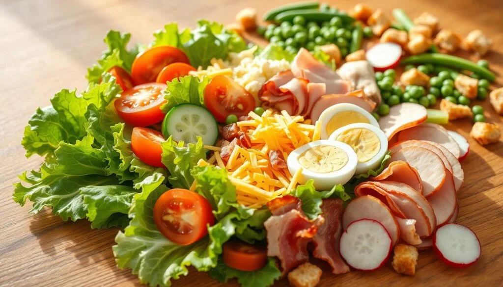 A neatly arranged spread of fresh chef salad ingredients on a wooden table, bathed in warm, natural lighting. In the foreground, crunchy romaine lettuce leaves, juicy tomatoes, sliced cucumbers, and crisp bacon strips. In the middle, perfectly boiled eggs, shredded cheddar cheese, and savory ham slices. In the background, a scatter of vibrant green peas, sliced radishes, and croutons. The composition is visually balanced, inviting the viewer to imagine the flavors and textures of this hearty, nutritious salad. chef salad recipe